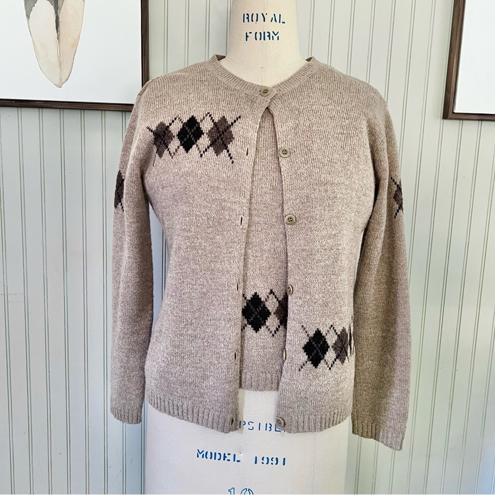 Emanuel Ungaro Argyle Sweater Set Tan Brown Wool Alpaca